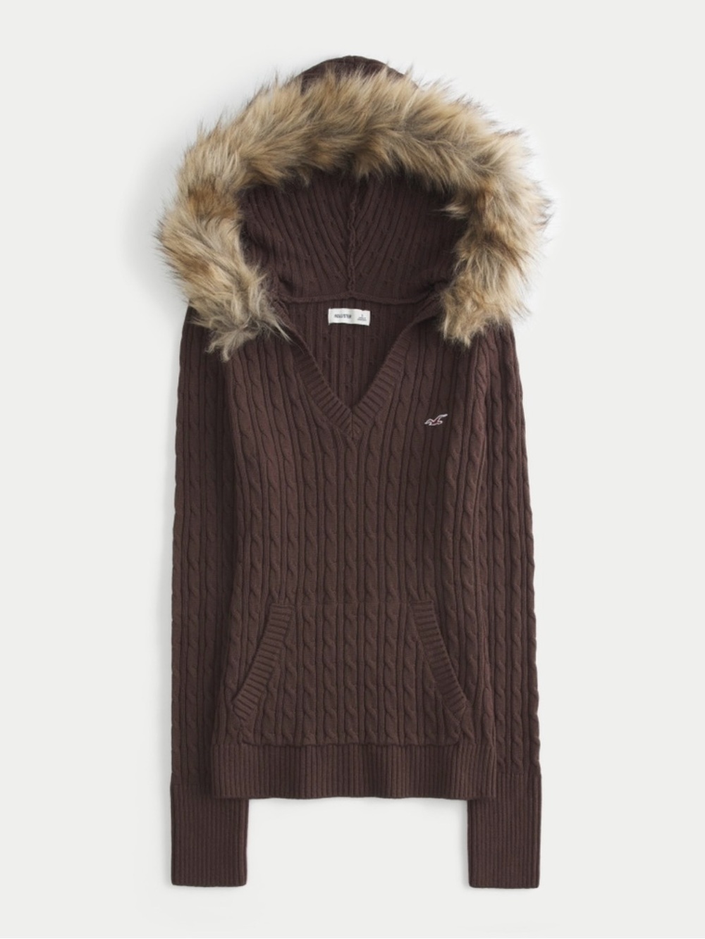 Hollister Cable-Knit Hooded Sweater with Faux-Fur Trim - Brown